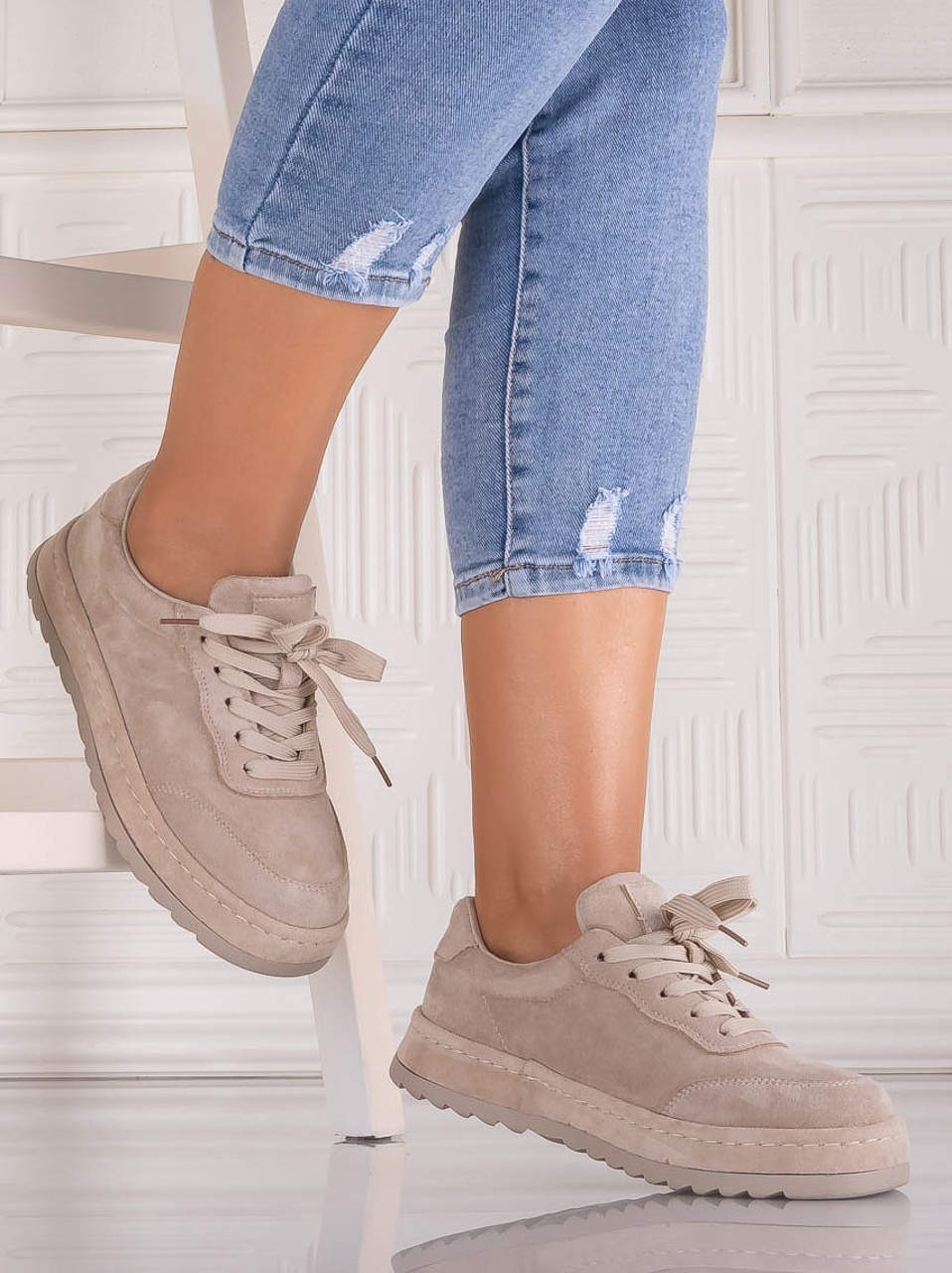 Sneakers dama Bej din Piele Ecologica Intoarsa Daliva - poza 2