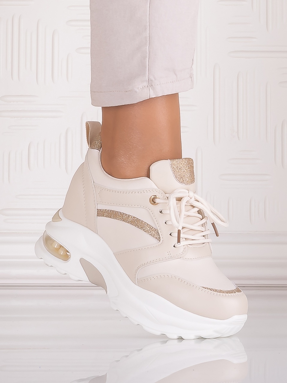 Sneakers dama cu platforma Bej din Piele Ecologica Tammara - poza 2
