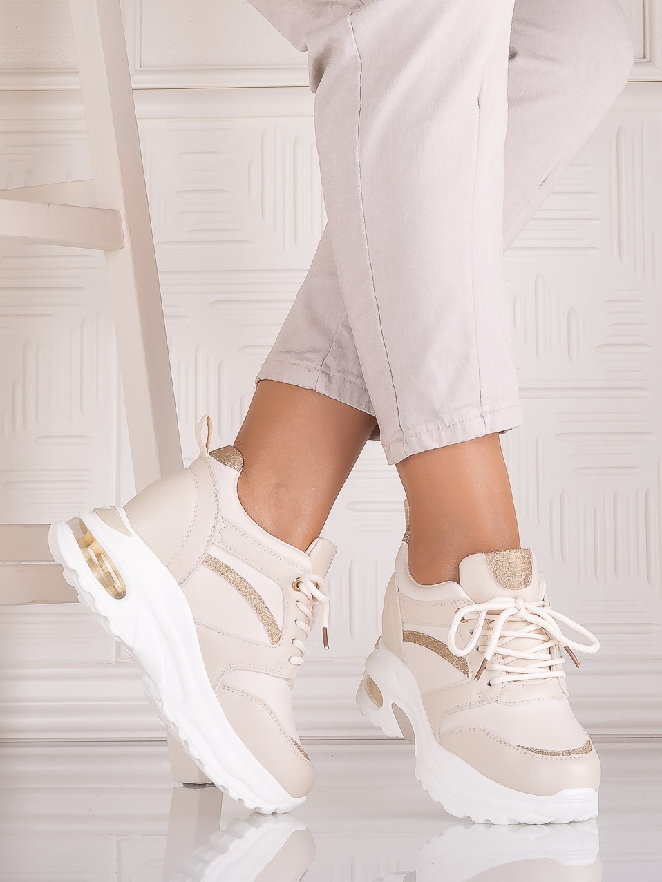Sneakers dama cu platforma Bej din Piele Ecologica Tammara - poza 3
