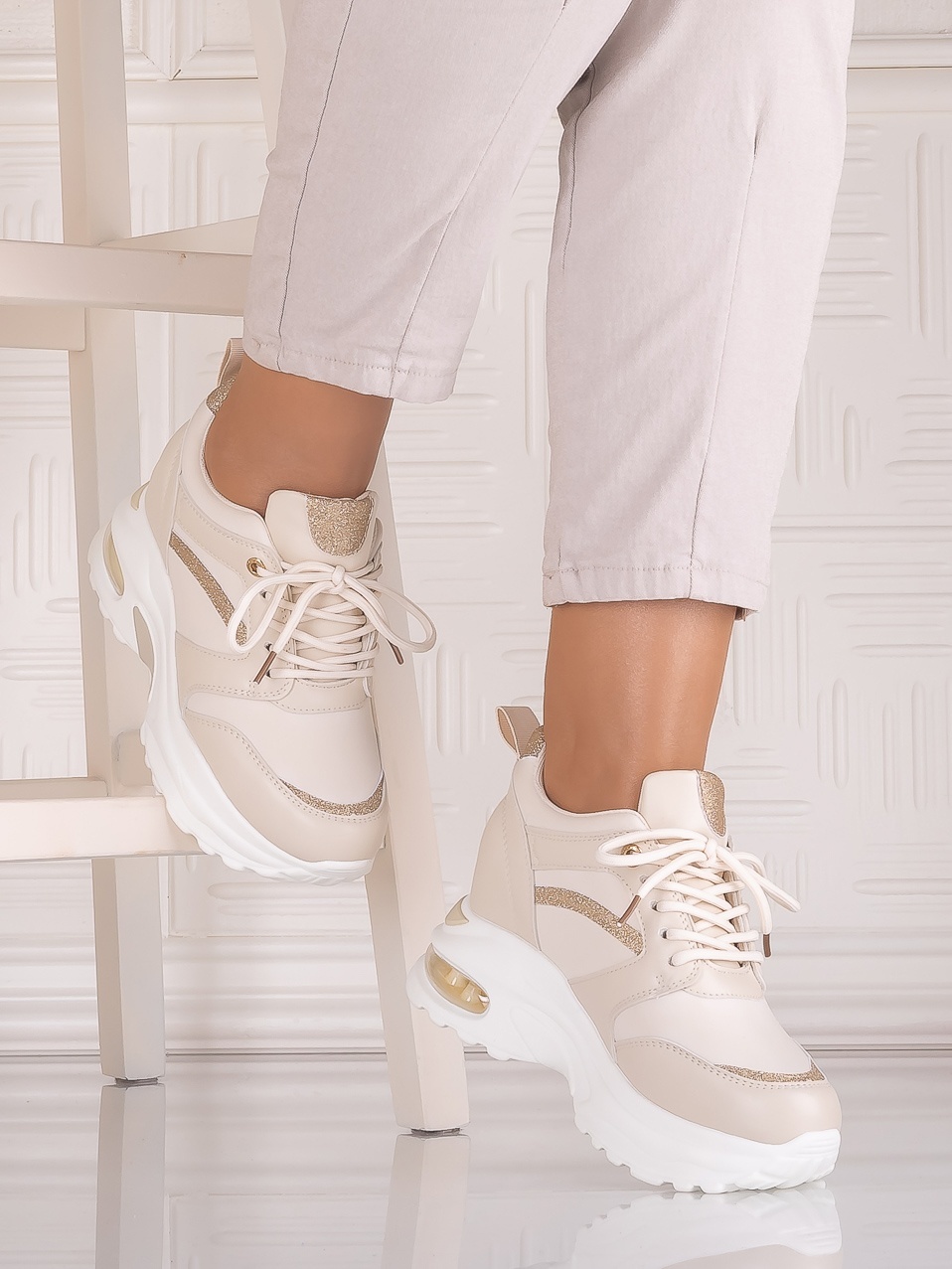 Sneakers dama cu platforma Bej din Piele Ecologica Tammara - poza 4