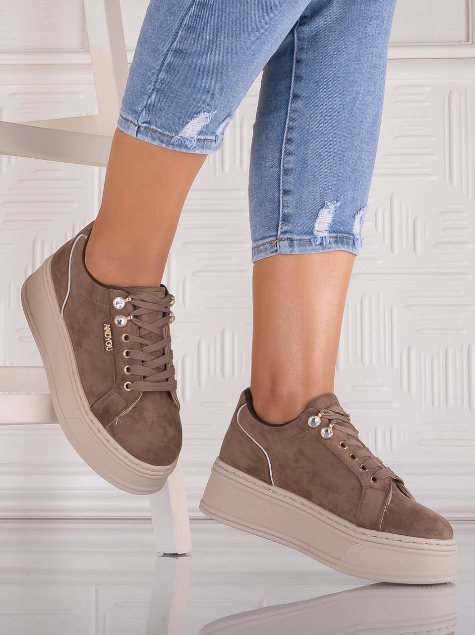 Sneakers dama cu platforma Maro din Piele Ecologica Intoarsa Dalenea - poza 1