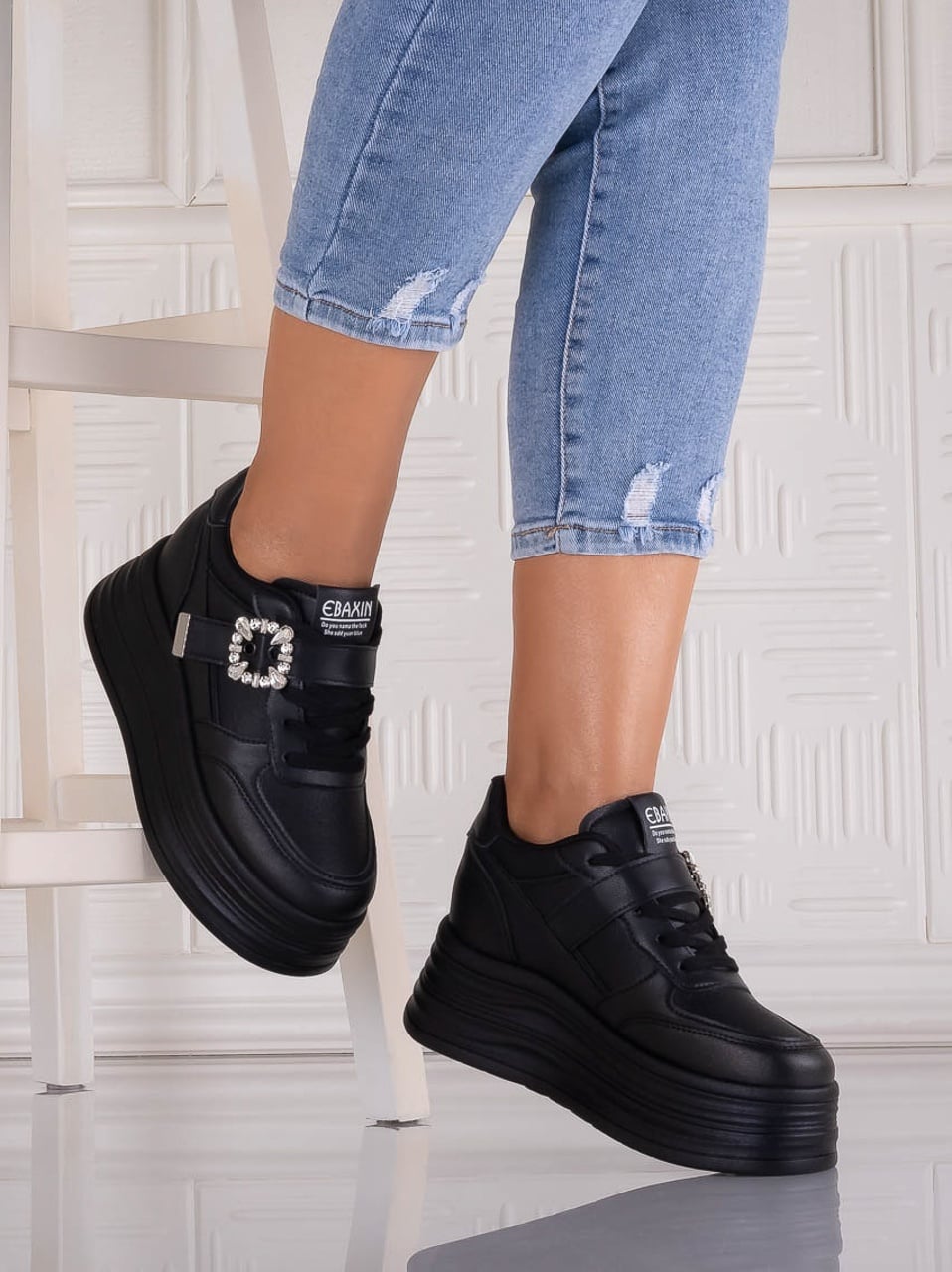 Sneakers dama cu platforma Negri din Piele Ecologica Alorna - poza 1