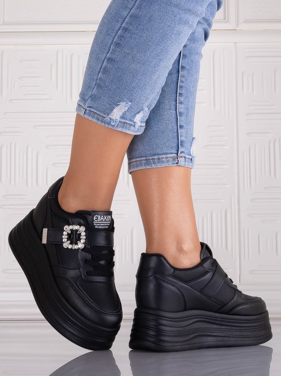 Sneakers dama cu platforma Negri din Piele Ecologica Alorna - poza 2
