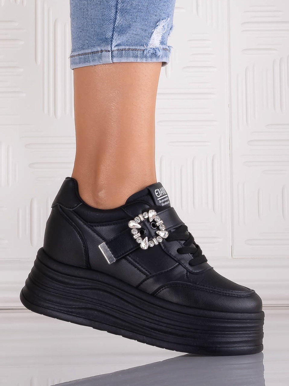 Sneakers dama cu platforma Negri din Piele Ecologica Alorna - poza 3