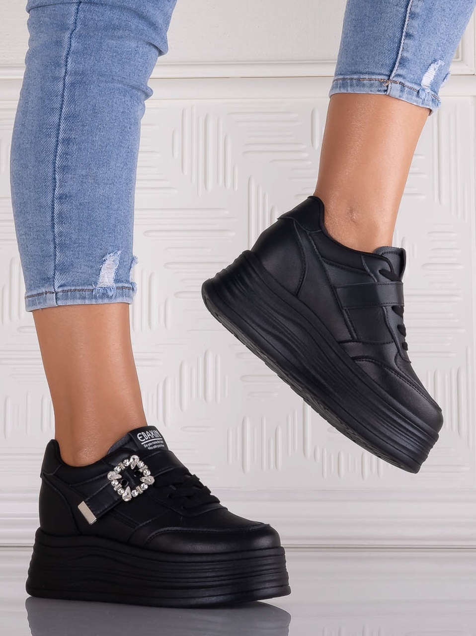 Sneakers dama cu platforma Negri din Piele Ecologica Alorna - poza 4
