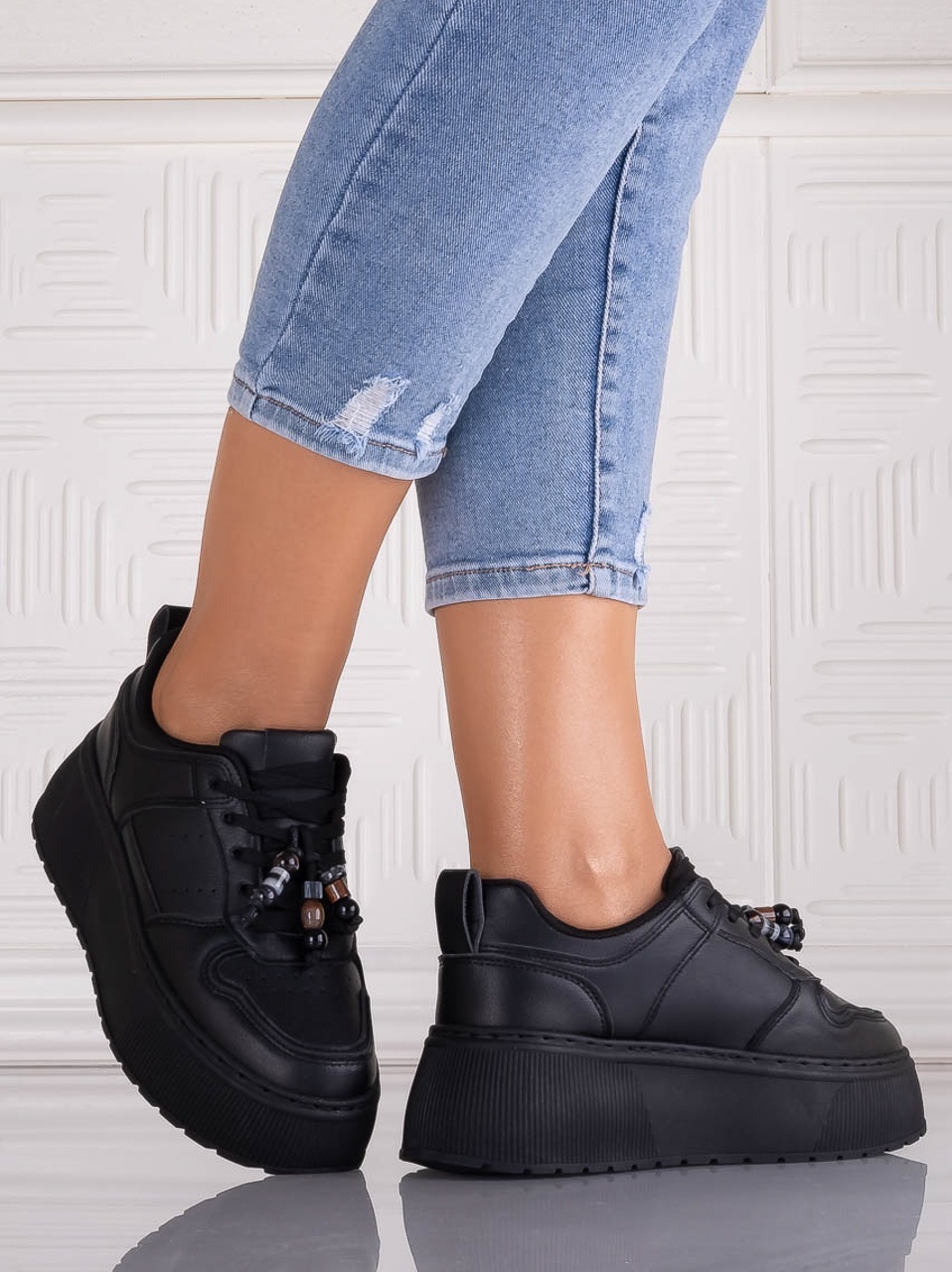 Sneakers dama cu platforma Negri din Piele Ecologica Arenia - poza 1