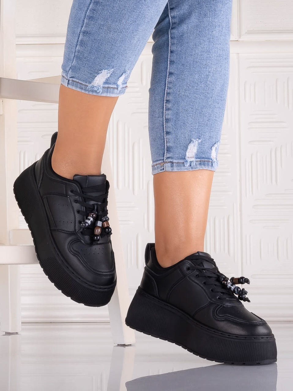 Sneakers dama cu platforma Negri din Piele Ecologica Arenia - poza 2