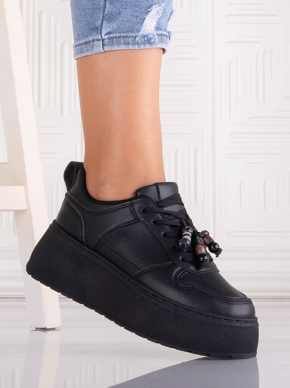 Sneakers dama cu platforma Negri din Piele Ecologica Arenia - poza 3