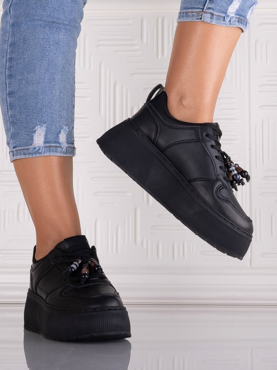 Sneakers dama cu platforma Negri din Piele Ecologica Arenia - poza 4