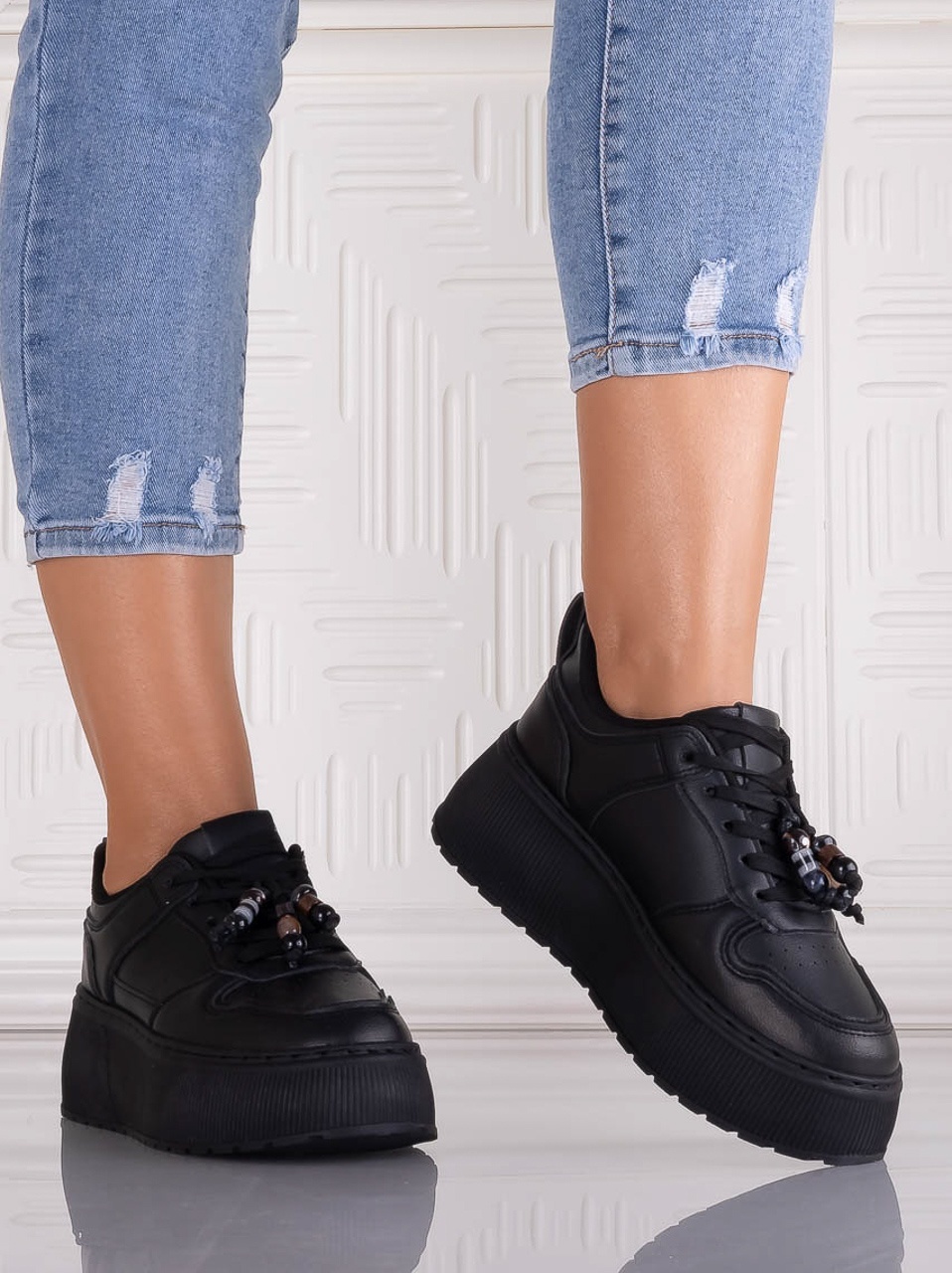 Sneakers dama cu platforma Negri din Piele Ecologica Arenia - poza 5