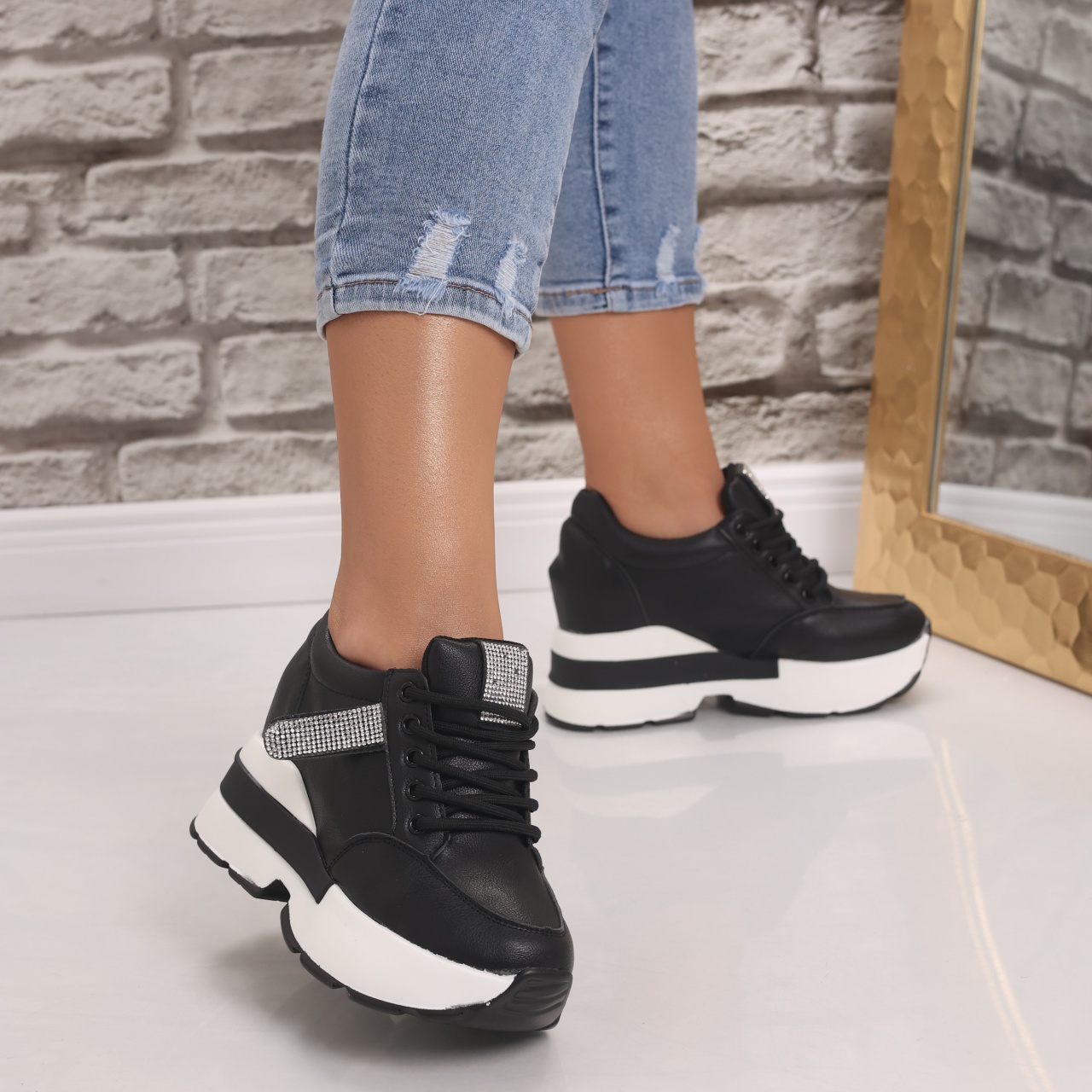 Sneakers dama cu platforma Negri din Piele Ecologica Atola - poza 2