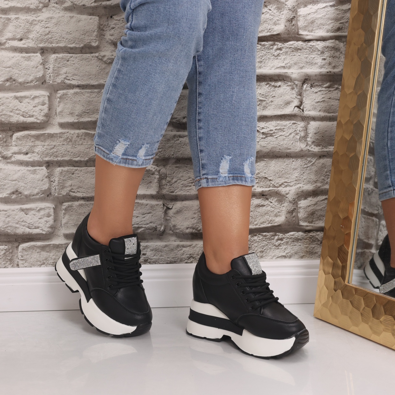 Sneakers dama cu platforma Negri din Piele Ecologica Atola - poza 5