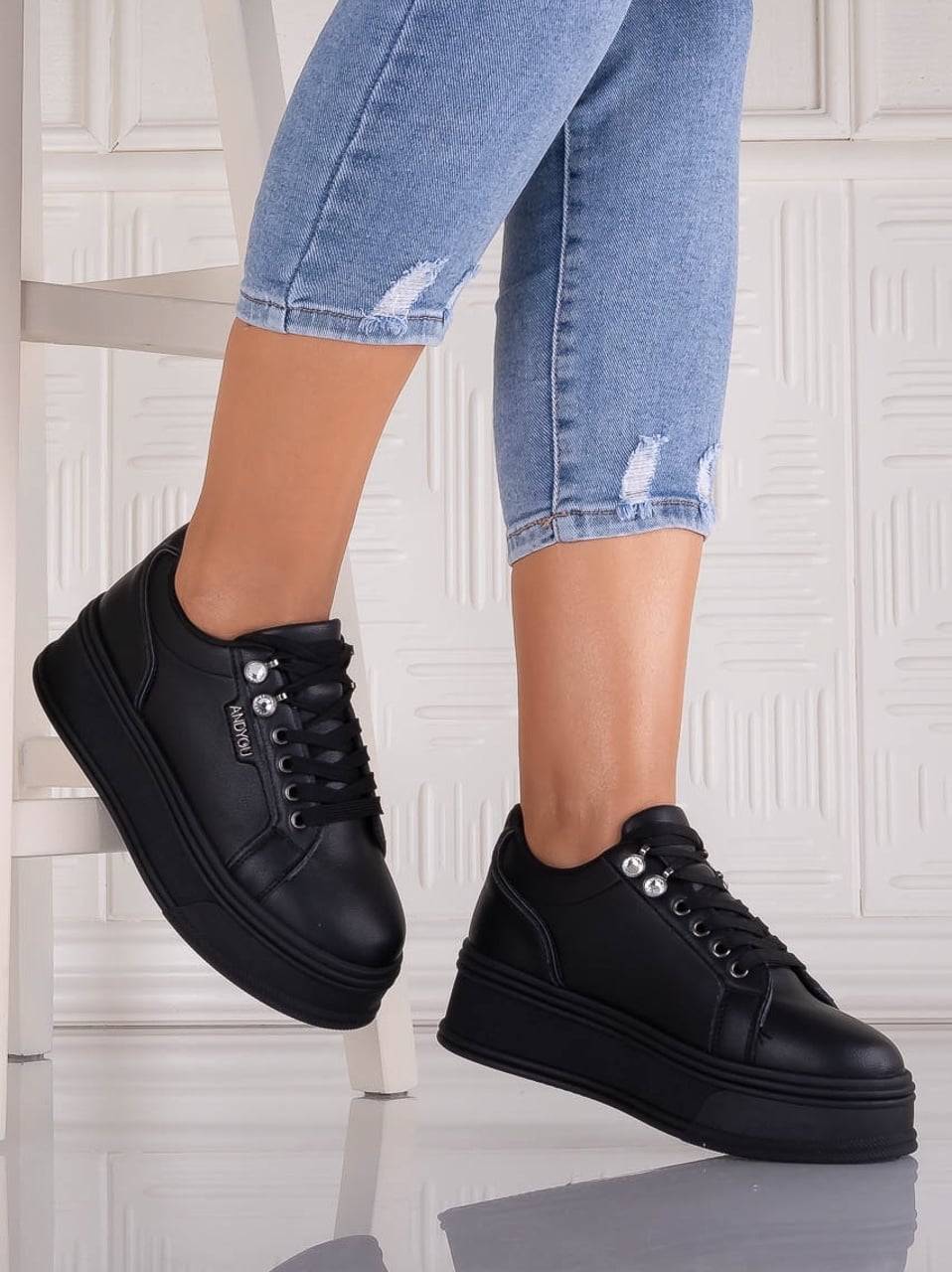 Sneakers dama cu platforma Negri din Piele Ecologica Dalenea - poza 1