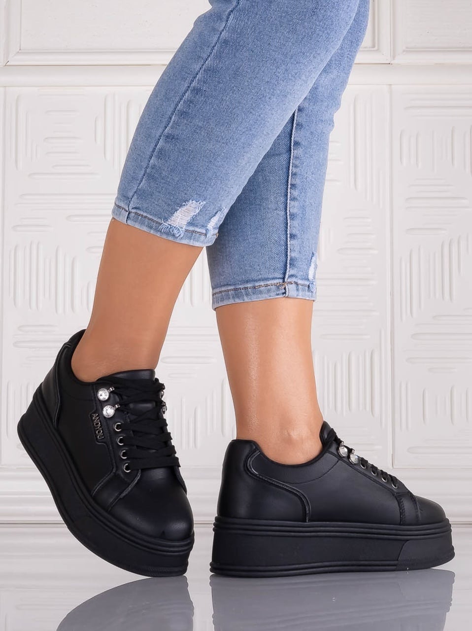 Sneakers dama cu platforma Negri din Piele Ecologica Dalenea - poza 2