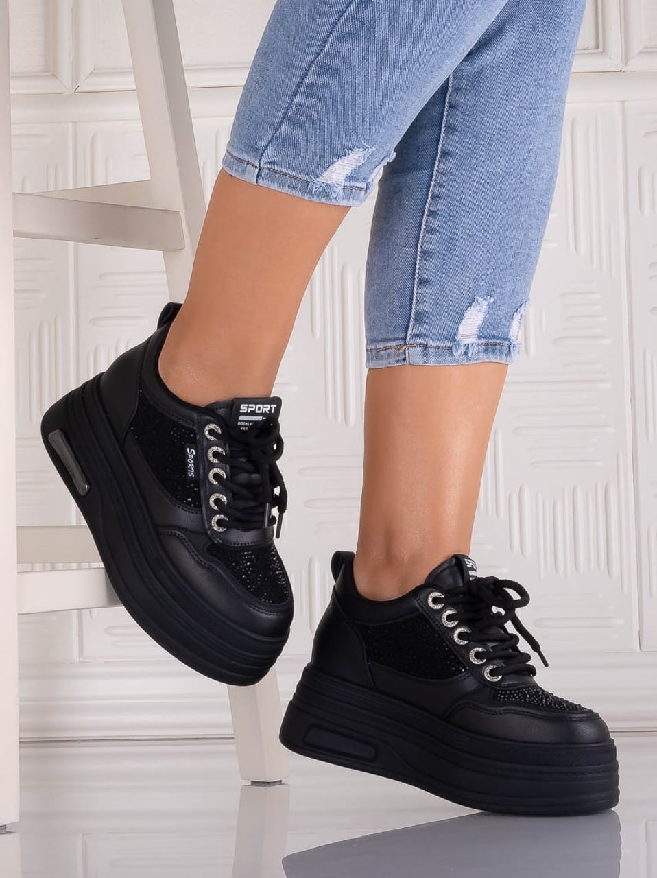 Sneakers dama cu platforma Negri din Piele Ecologica Danisia - poza 3
