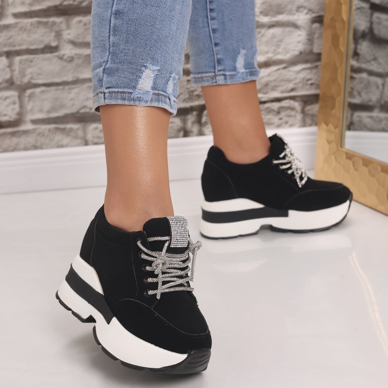 Sneakers dama cu platforma Negri din Piele Ecologica Intoarsa Norota - poza 1