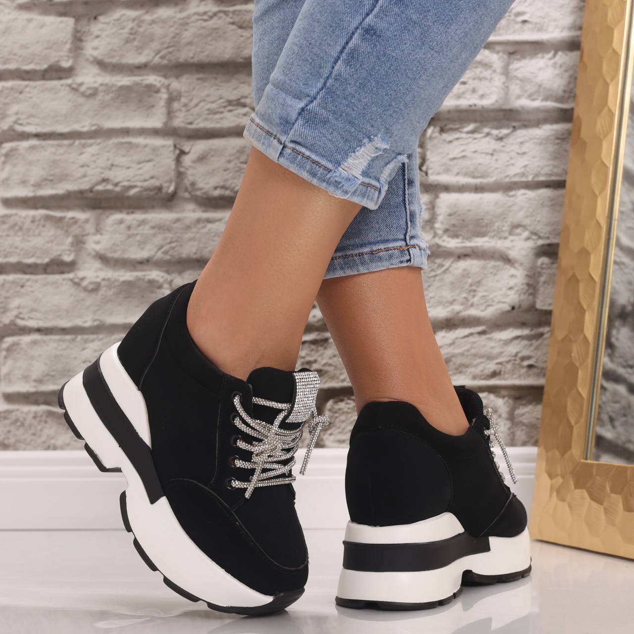 Sneakers dama cu platforma Negri din Piele Ecologica Intoarsa Norota - poza 2