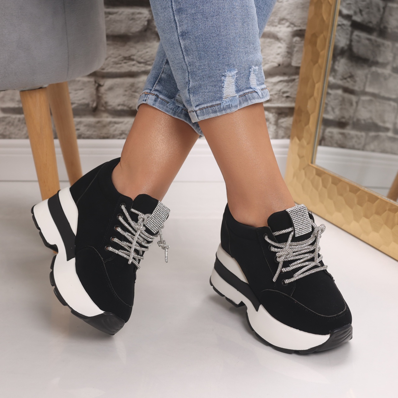 Sneakers dama cu platforma Negri din Piele Ecologica Intoarsa Norota - poza 3
