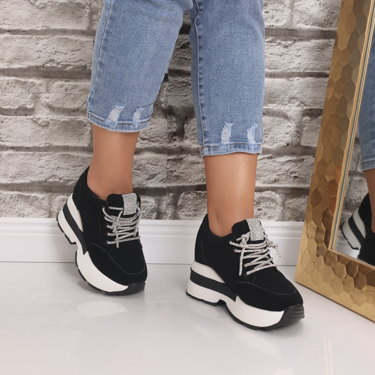 Sneakers dama cu platforma Negri din Piele Ecologica Intoarsa Norota - poza 4