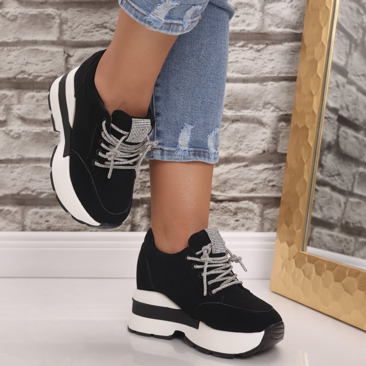 Sneakers dama cu platforma Negri din Piele Ecologica Intoarsa Norota - poza 5