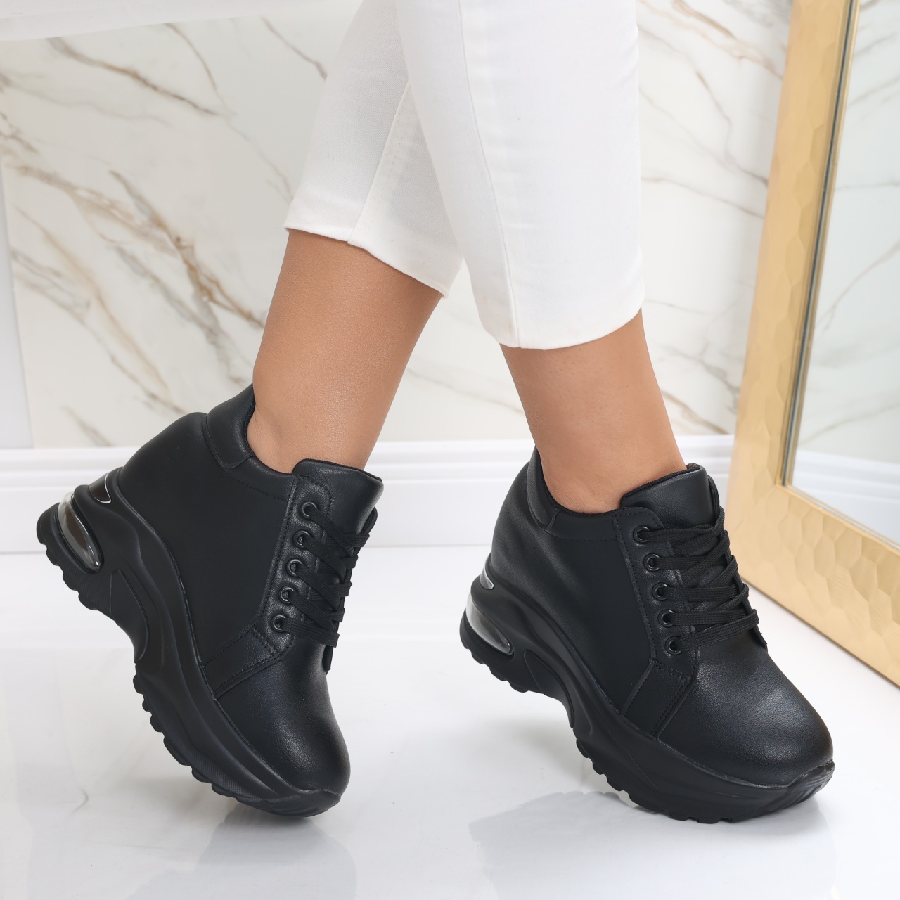 Sneakers dama cu Platforma Negri din Piele Ecologica Limana - poza 2