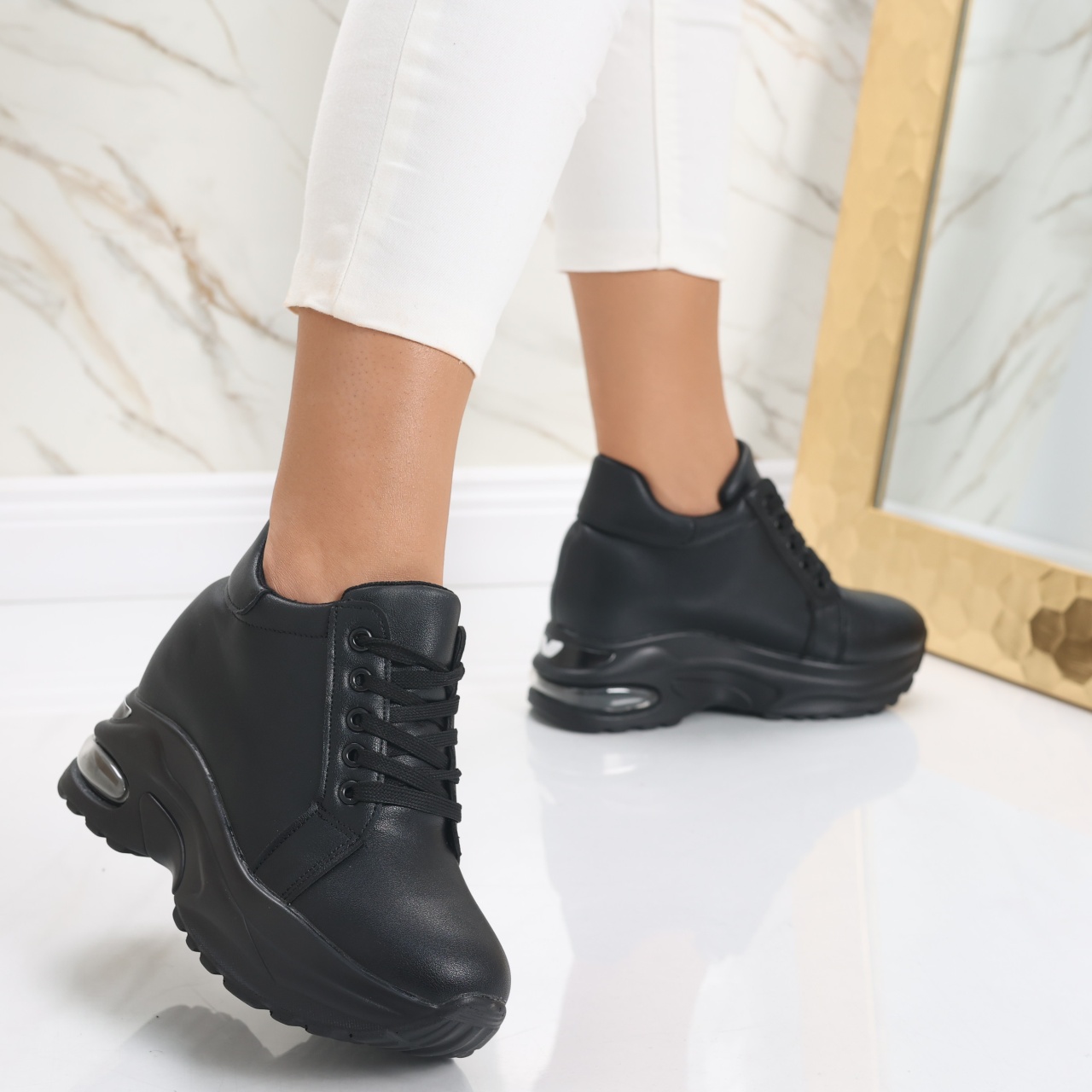 Sneakers dama cu Platforma Negri din Piele Ecologica Limana - poza 4