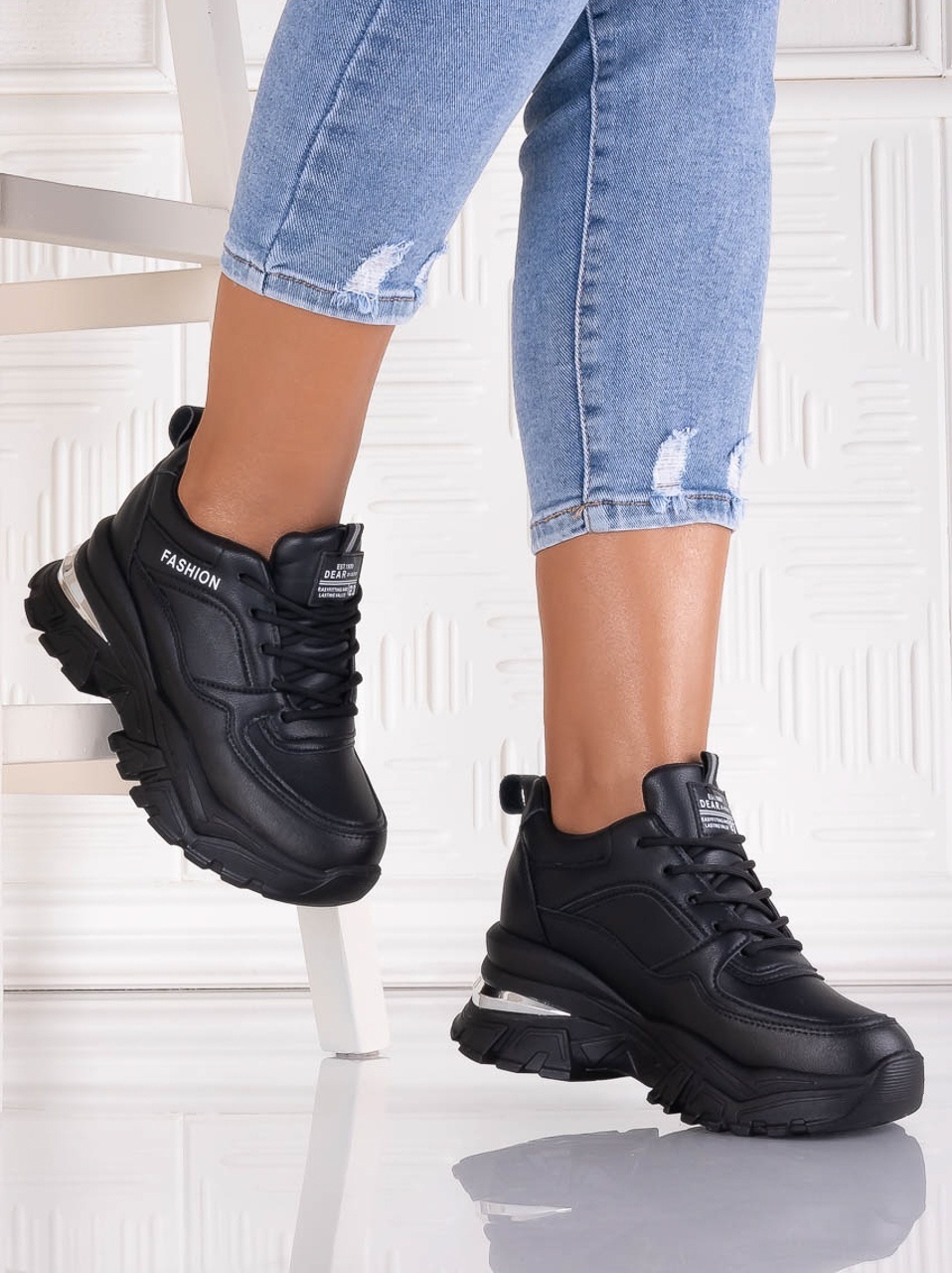 Sneakers dama cu platforma Negri din Piele Ecologica Ninera - poza 2