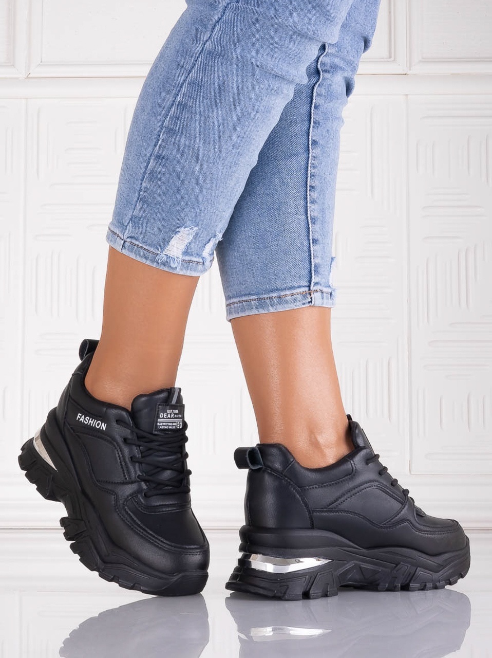 Sneakers dama cu platforma Negri din Piele Ecologica Ninera - poza 3
