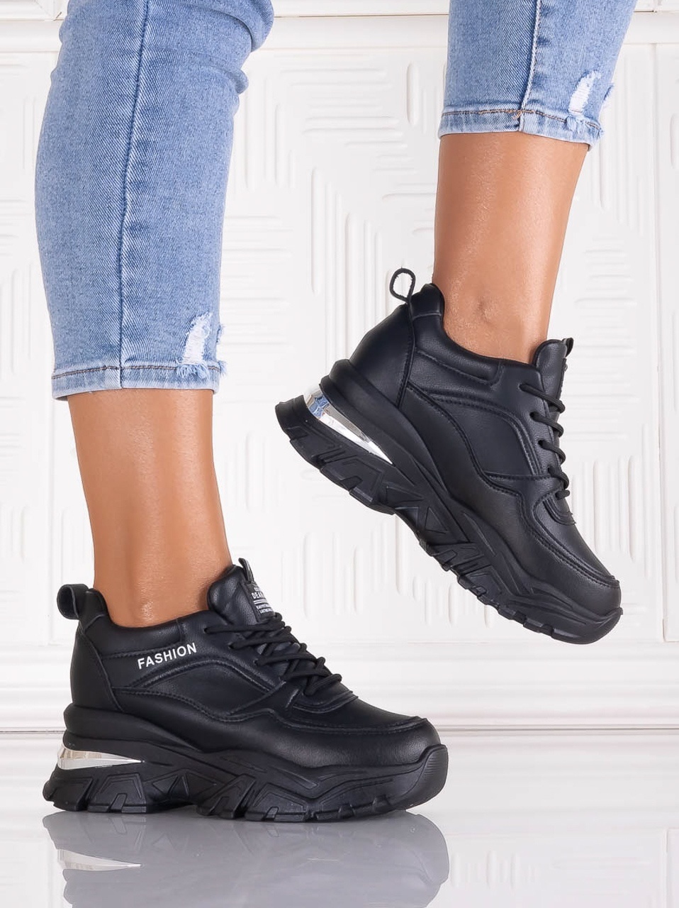 Sneakers dama cu platforma Negri din Piele Ecologica Ninera - poza 5