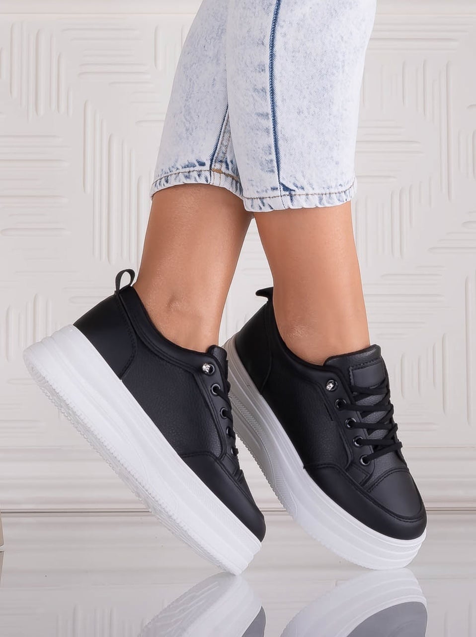Sneakers dama cu platforma Negri din Piele Ecologica Temisa - poza 4