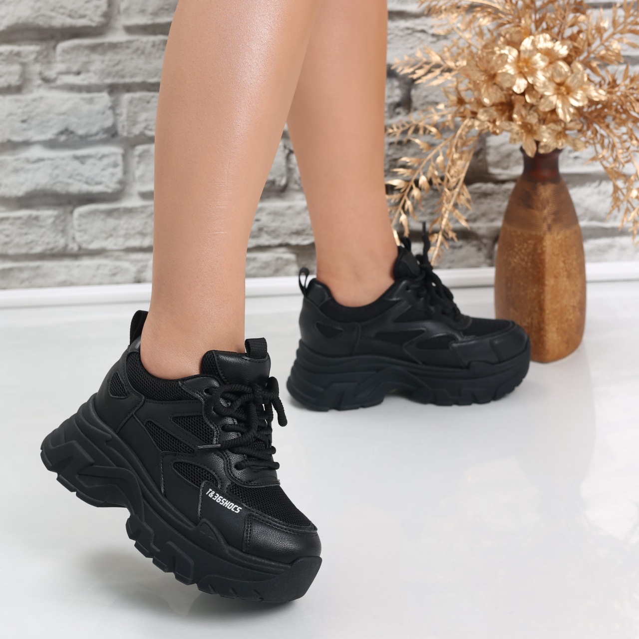 Sneakers dama cu platforma Negri din Piele Ecologica/Textil Norla - poza 1