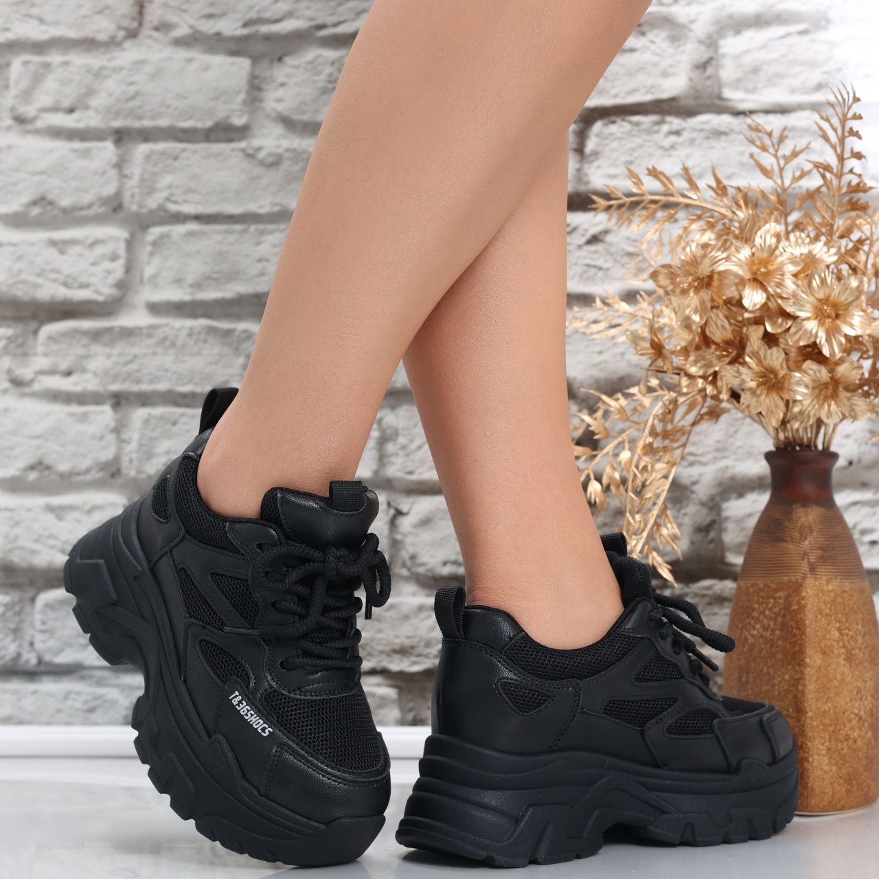 Sneakers dama cu platforma Negri din Piele Ecologica/Textil Norla - poza 4