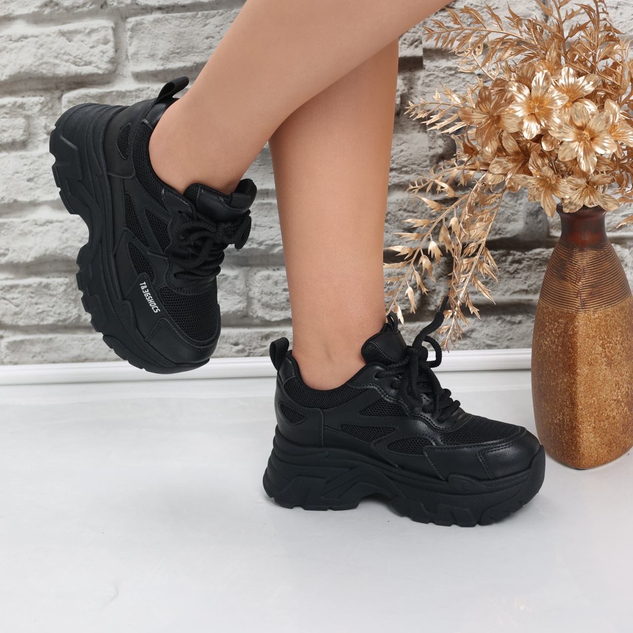 Sneakers dama cu platforma Negri din Piele Ecologica/Textil Norla - poza 5