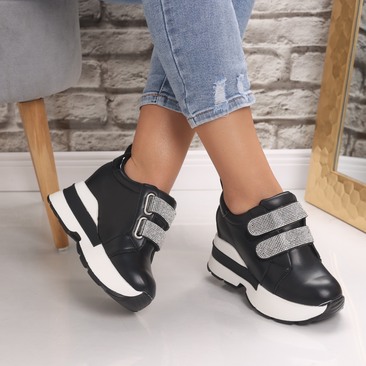 Sneakers dama cu platforma Negri din Piele Ecologica Vinita - poza 2