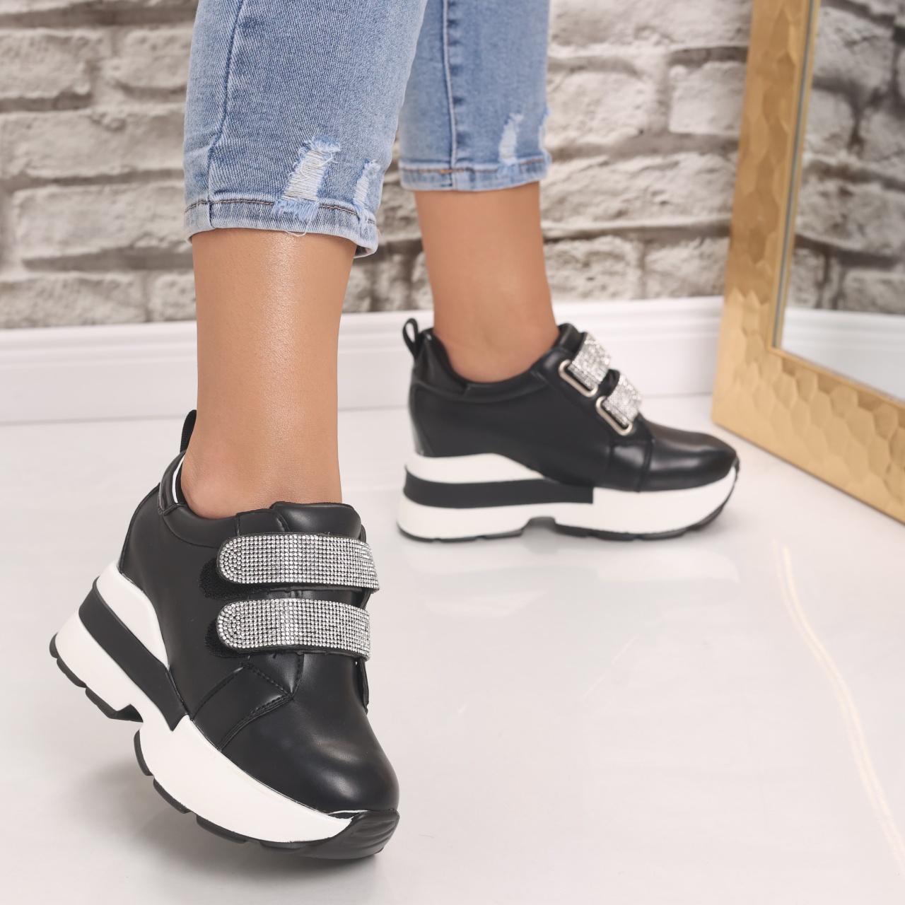 Sneakers dama cu platforma Negri din Piele Ecologica Vinita - poza 3