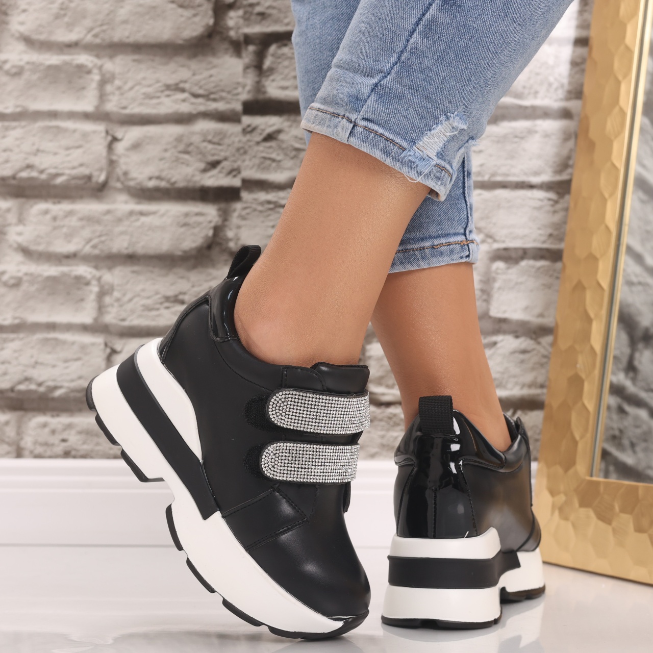 Sneakers dama cu platforma Negri din Piele Ecologica Vinita - poza 4