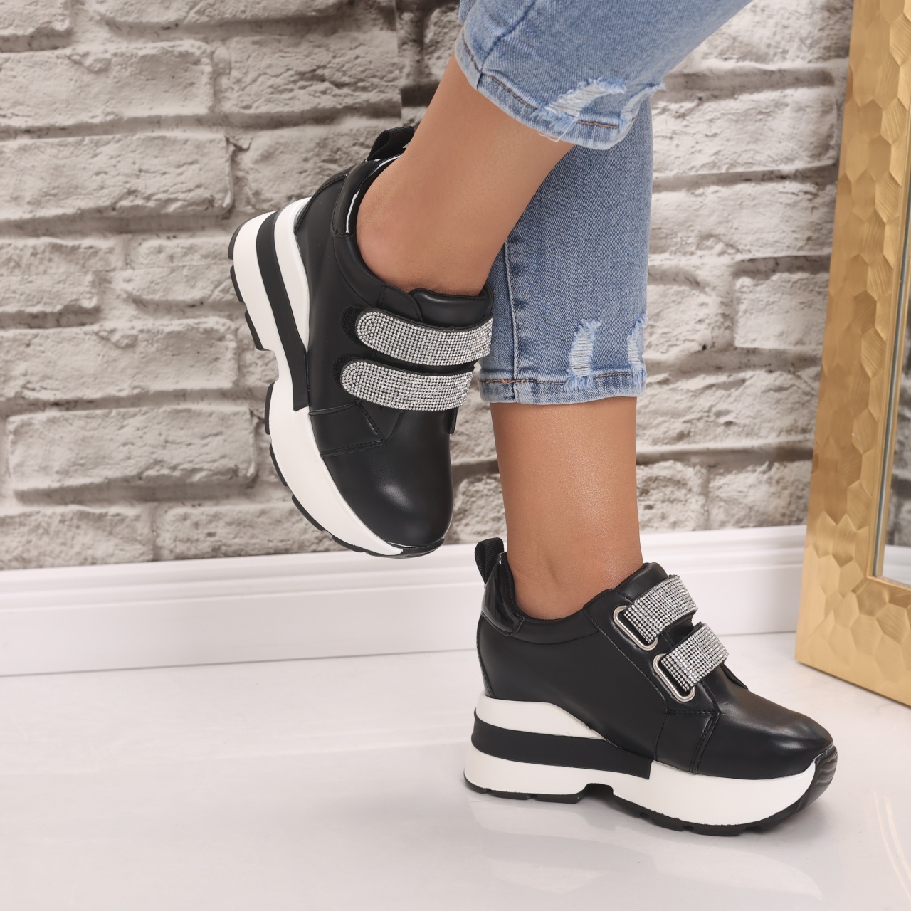 Sneakers dama cu platforma Negri din Piele Ecologica Vinita - poza 5