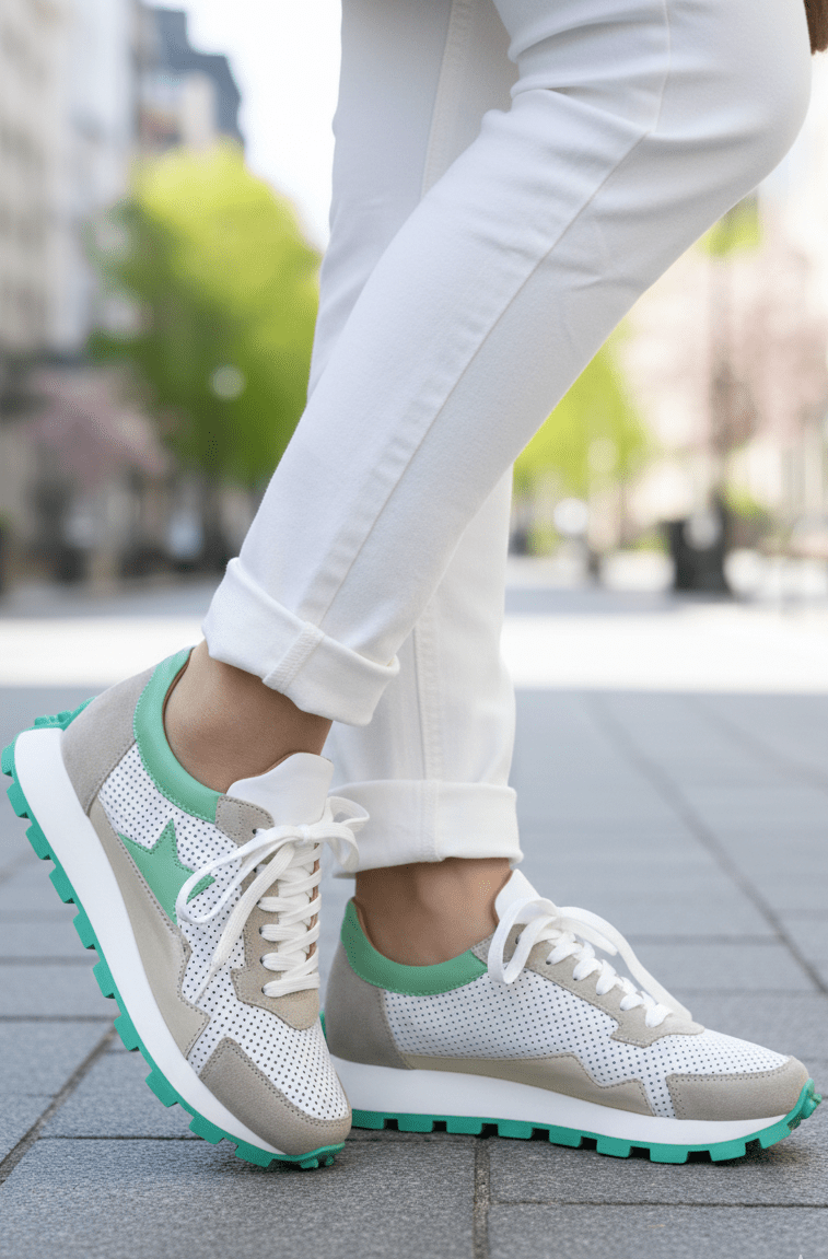 Sneakers Dama Din Piele Albi cu Bej - VEO GREEN