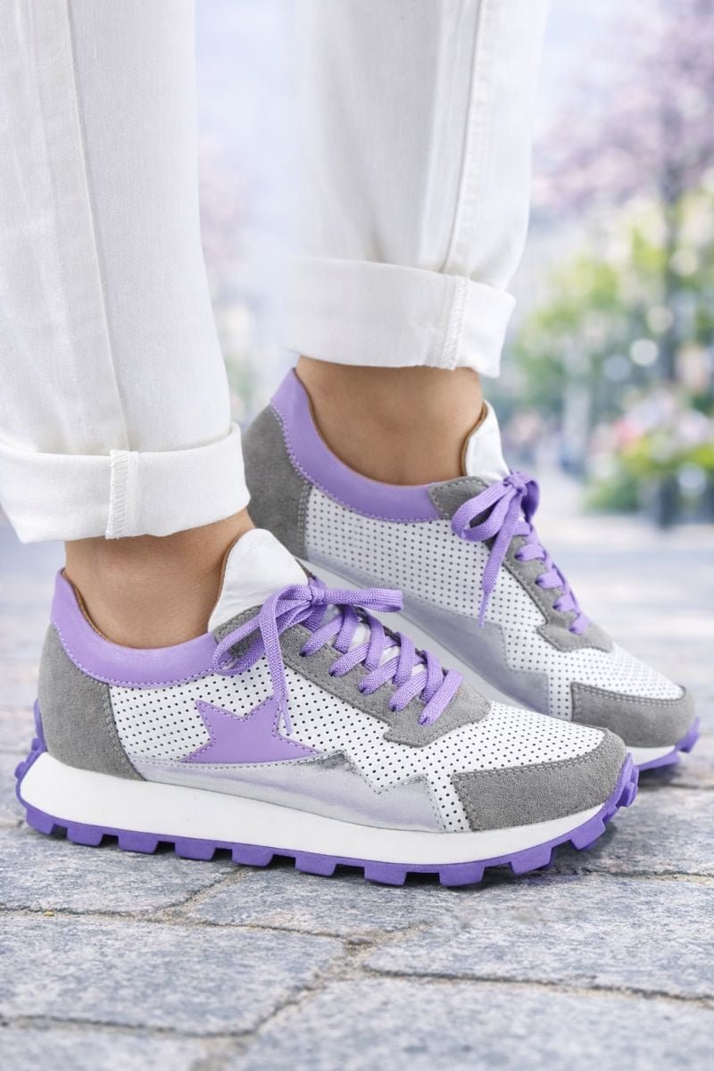 Sneakers Dama Din Piele Albi cu Bej - VEO LILA