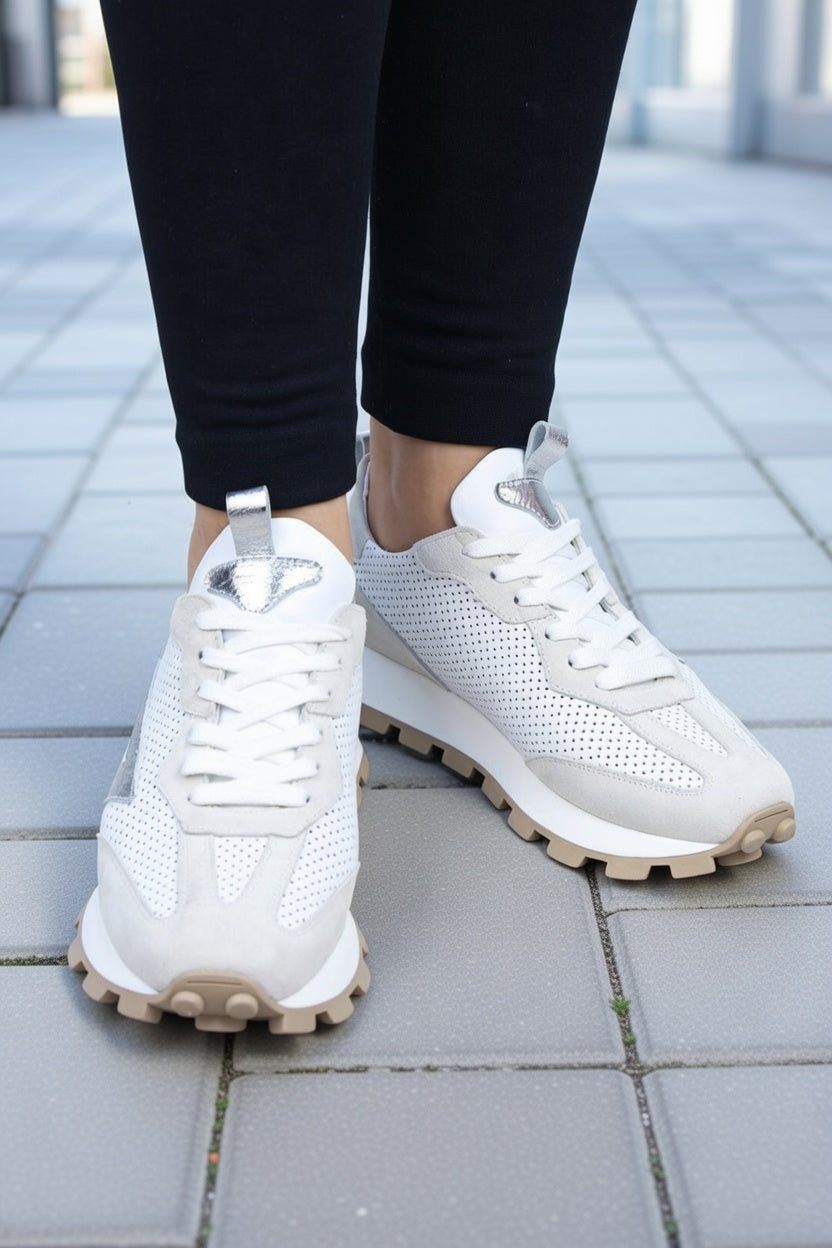 Sneakers Dama Din Piele Albi cu Gri - CORE GREY