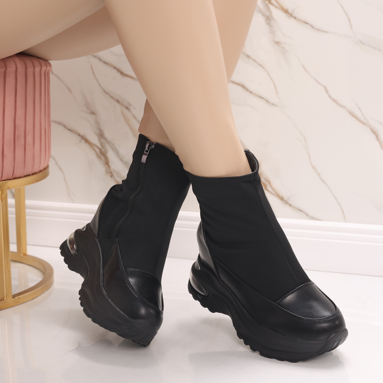 Sneakers dama Imblaniti cu Platforma Negri din Piele Eco Efera - poza 2