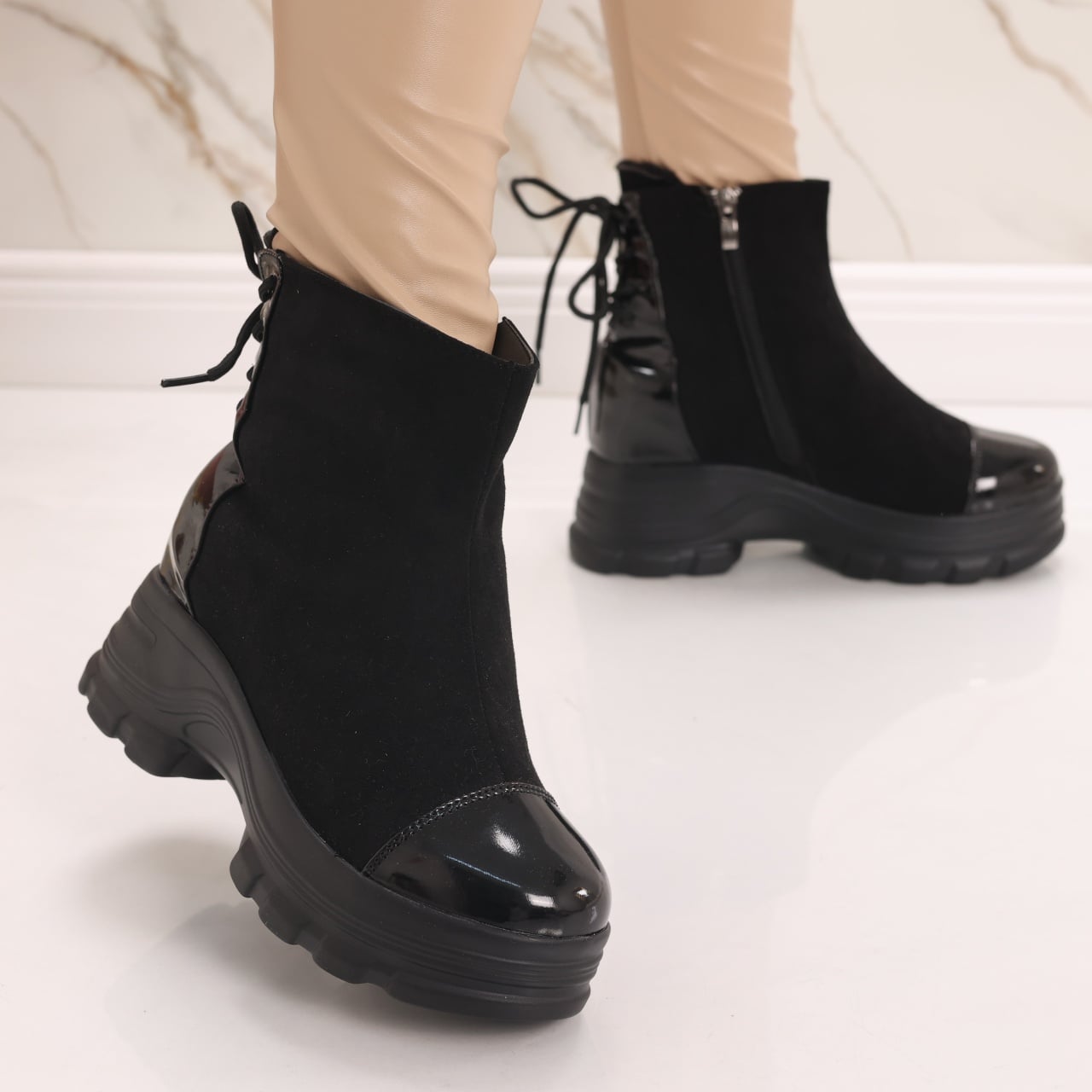 Sneakers dama Imblaniti cu Platforma Negri din Piele Eco Intoarsa Dalada - poza 3