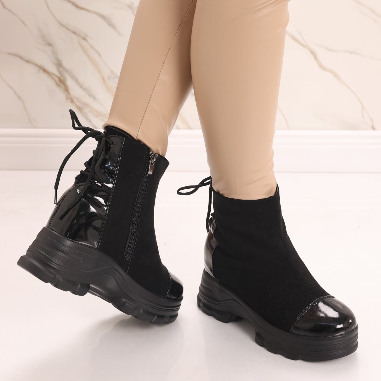 Sneakers dama Imblaniti cu Platforma Negri din Piele Eco Intoarsa Dalada - poza 5