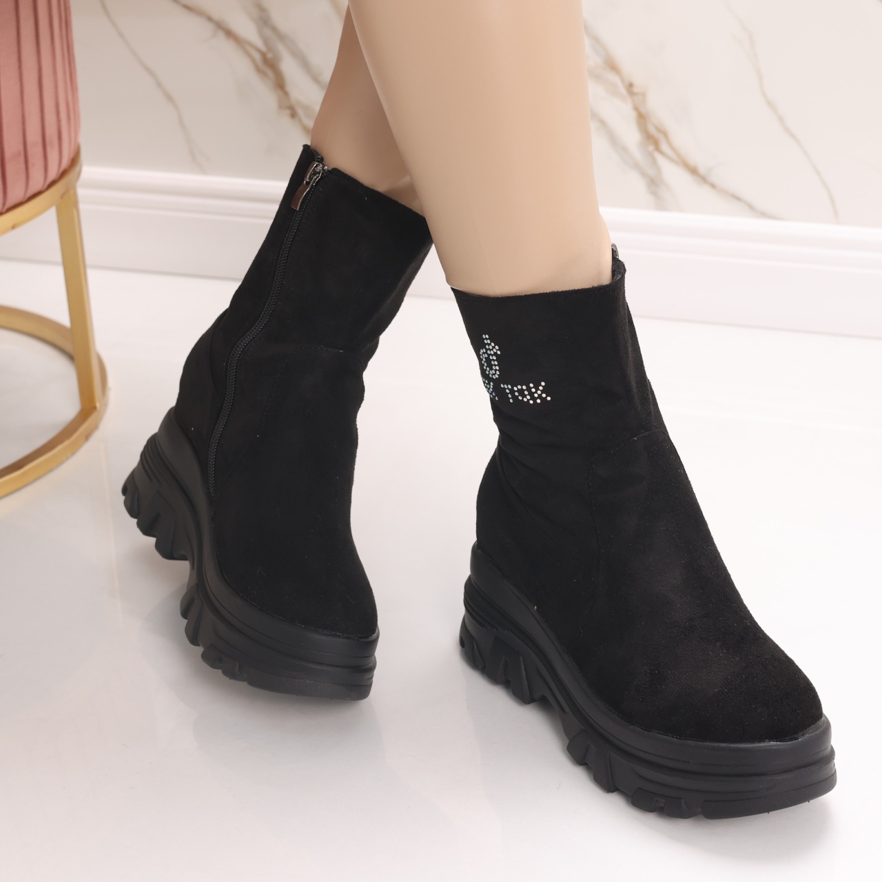 Sneakers dama Imblaniti cu Platforma Negri din Piele Eco Intoarsa Espel - poza 2