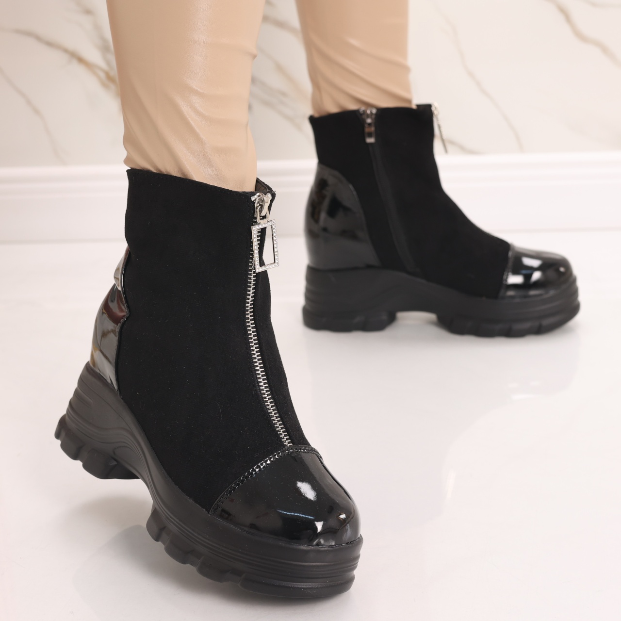 Sneakers dama Imblaniti cu Platforma Negri din Piele Eco Intoarsa Tremia - poza 2