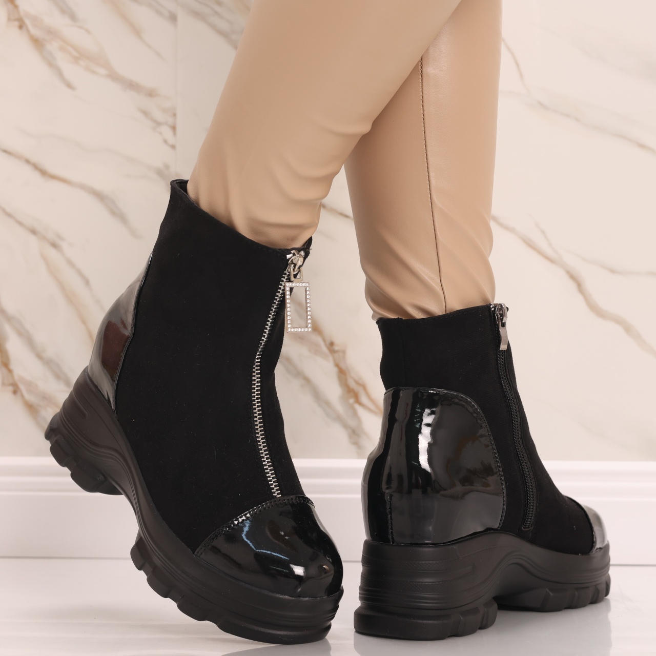 Sneakers dama Imblaniti cu Platforma Negri din Piele Eco Intoarsa Tremia - poza 3