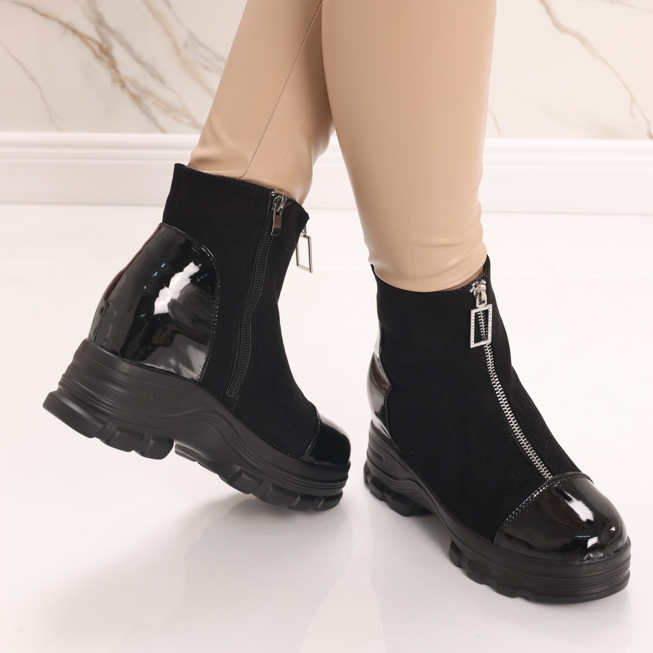 Sneakers dama Imblaniti cu Platforma Negri din Piele Eco Intoarsa Tremia - poza 5