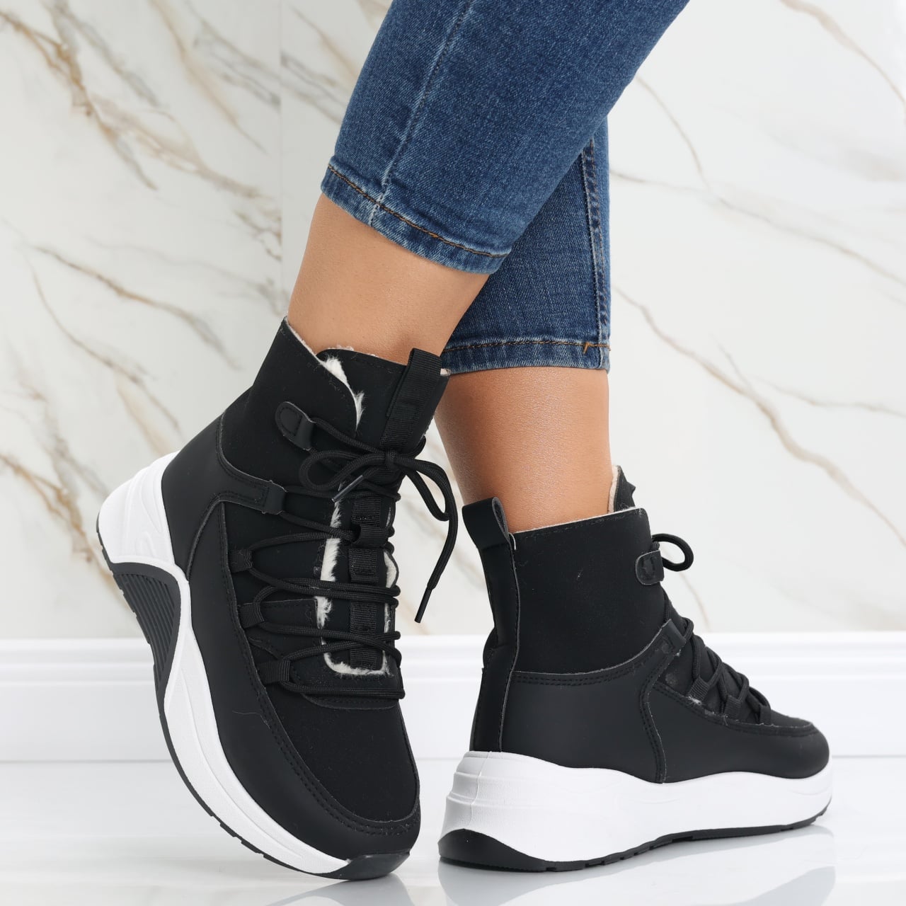 Sneakers dama Imblaniti Negri din Piele Eco,Piele Eco Intoarsa Asiva - poza 1