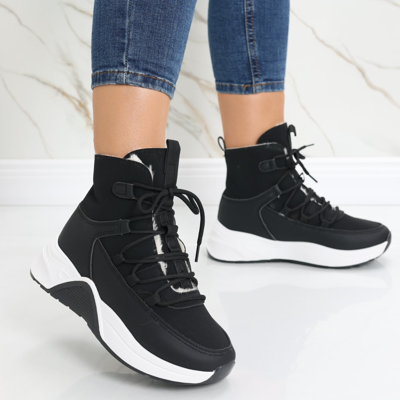 Sneakers dama Imblaniti Negri din Piele Eco,Piele Eco Intoarsa Asiva - poza 2