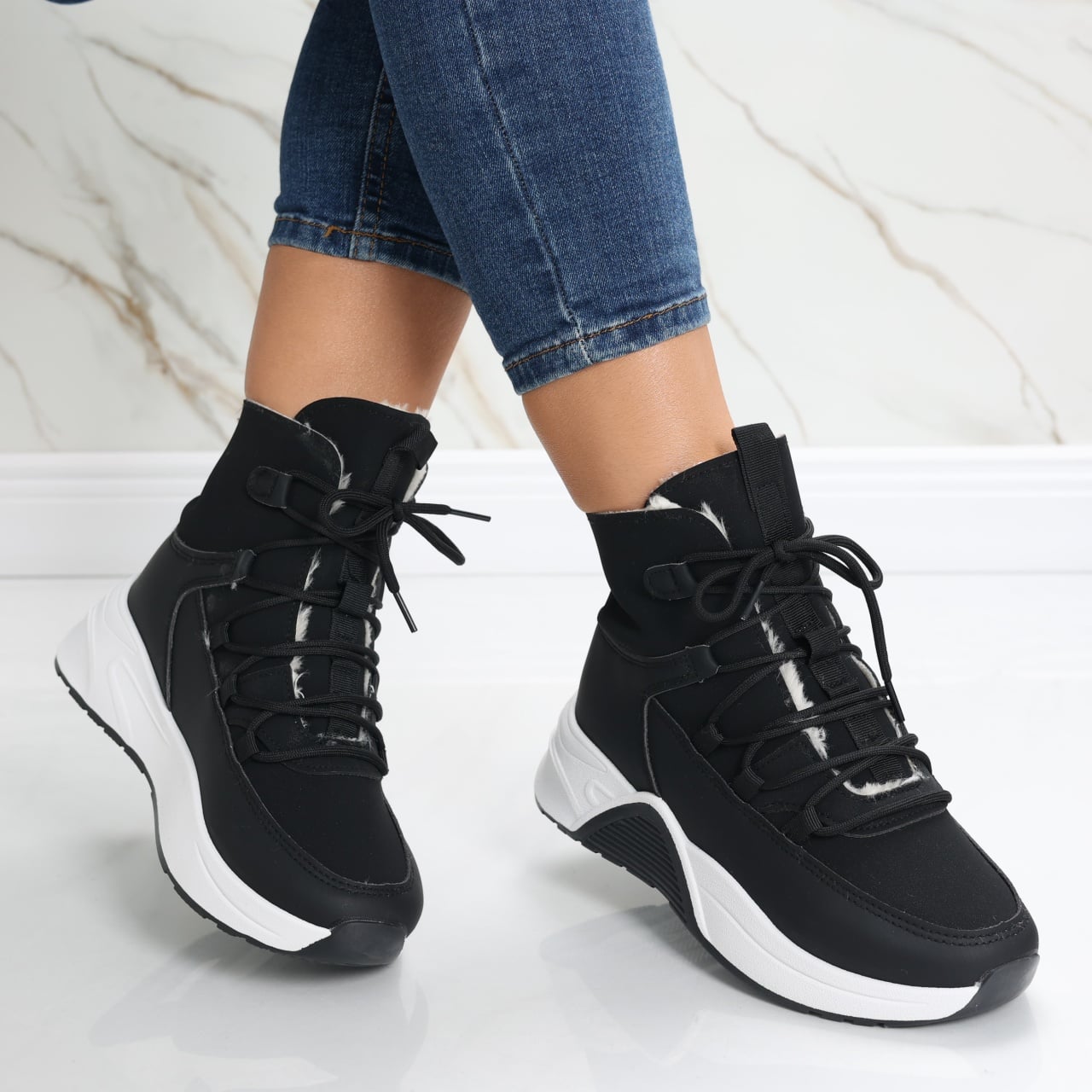 Sneakers dama Imblaniti Negri din Piele Eco,Piele Eco Intoarsa Asiva - poza 3